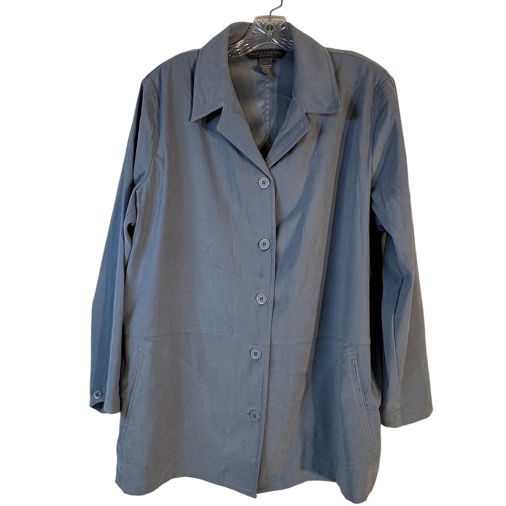 Jessica Holbrook Easy Care Blue Button Front Shirt Jacket Plus Size 1X Stretch